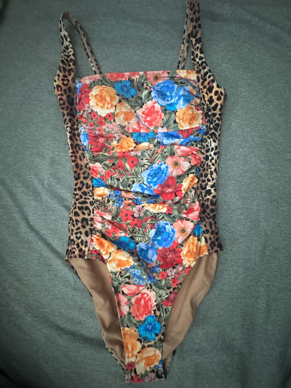 Johnny Was Floral & Leopard One-Piece Swimsuit in Blue, Red, Yellow, Tan